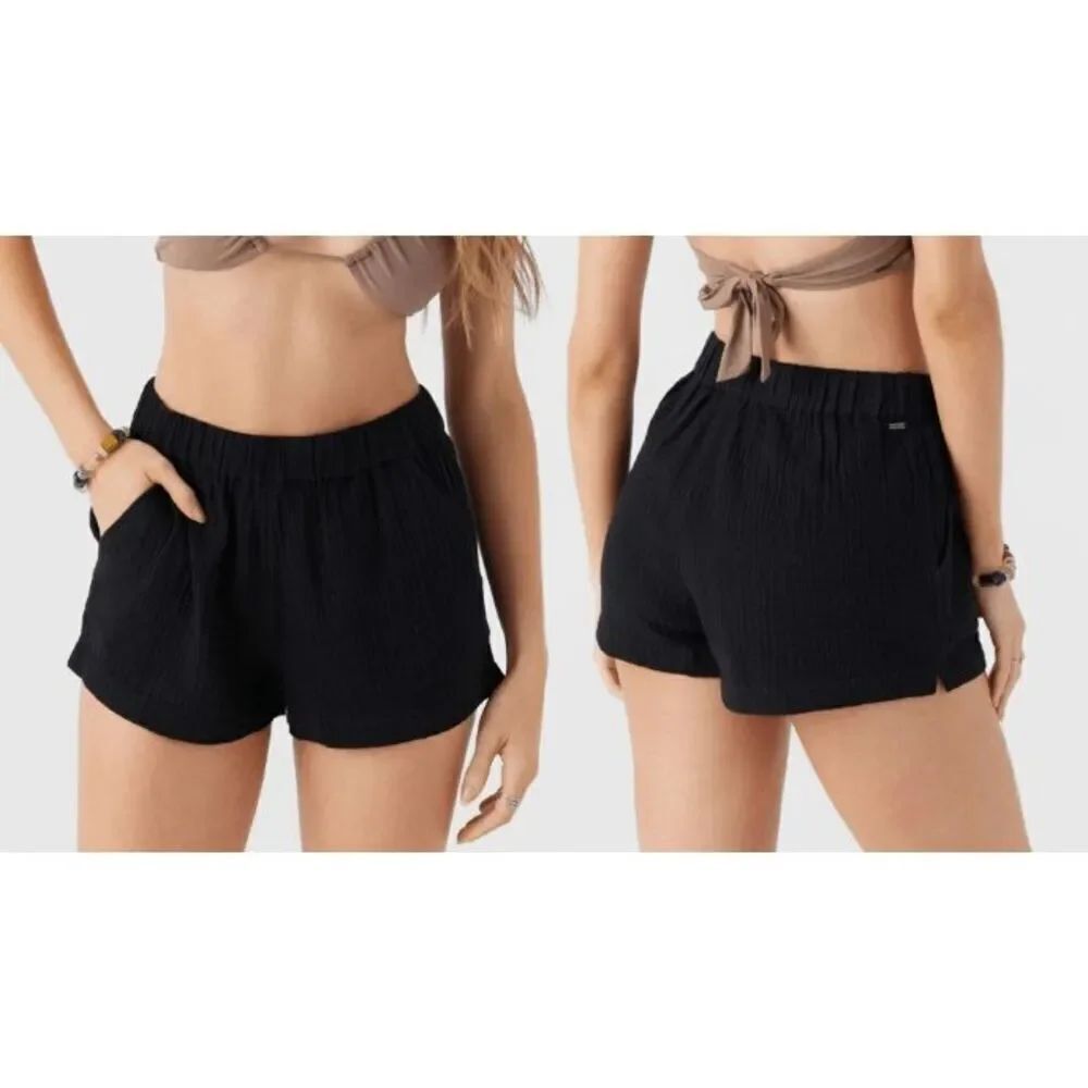 O'Neill Women's Black Crinkle Cotton Paperbag Shorts Size S Elastic Waistband